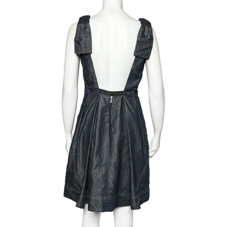Pre Owned Louis Vuitton Blue Denim Ribbon Sleeve Detailed Gathered Short Dress M