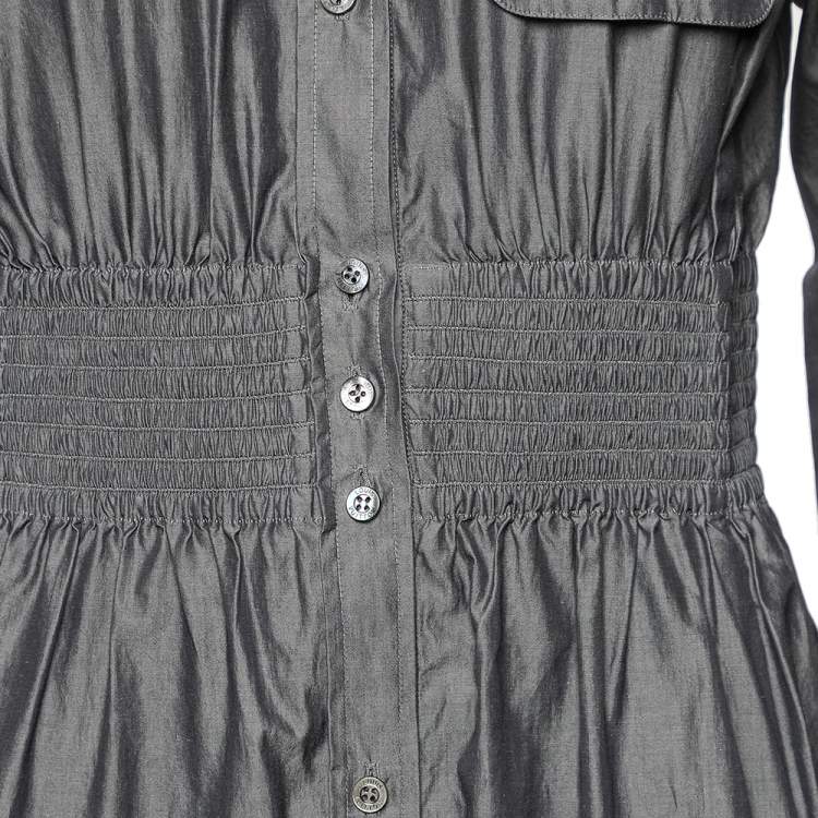 Pre Owned Louis Vuitton Grey Cotton Smocked Waist Detailed Shirt Dress M