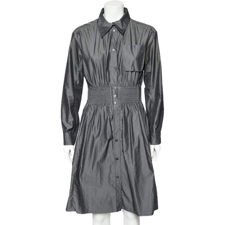 Pre Owned Louis Vuitton Grey Cotton Smocked Waist Detailed Shirt Dress M