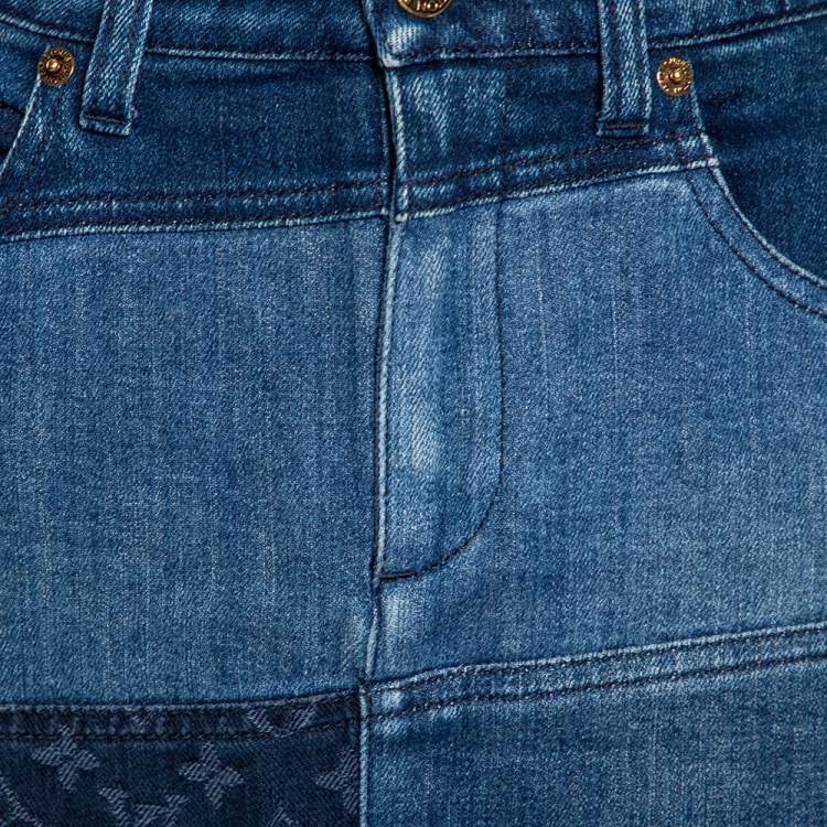 Pre Owned Louis Vuitton Indigo Colorblock Denim Monogrammed Patchwork Skirt M