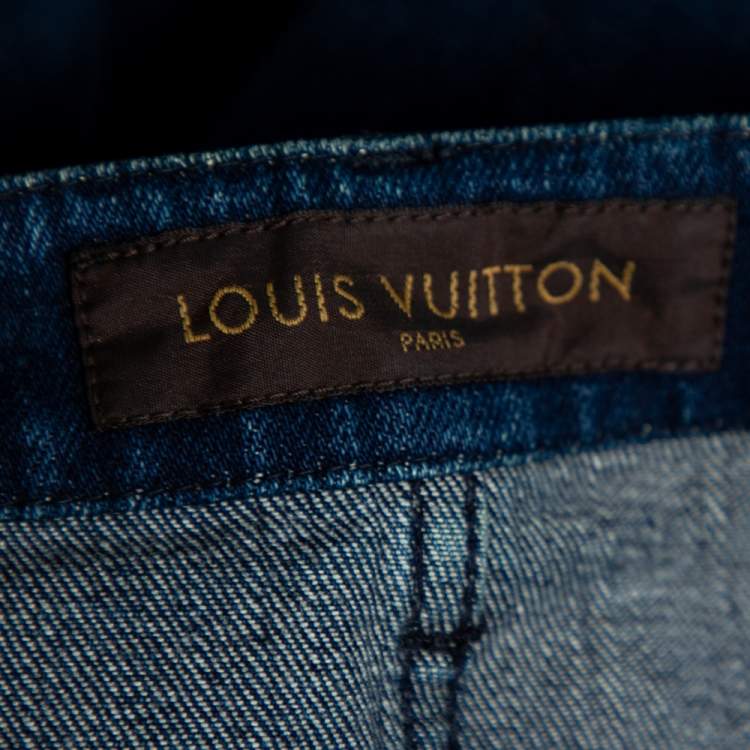 Pre Owned Louis Vuitton Indigo Colorblock Denim Monogrammed Patchwork Skirt M