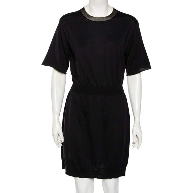 Pre Owned Louis Vuitton Black Silk Knit Lurex Trim Detail T-Shirt Dress M