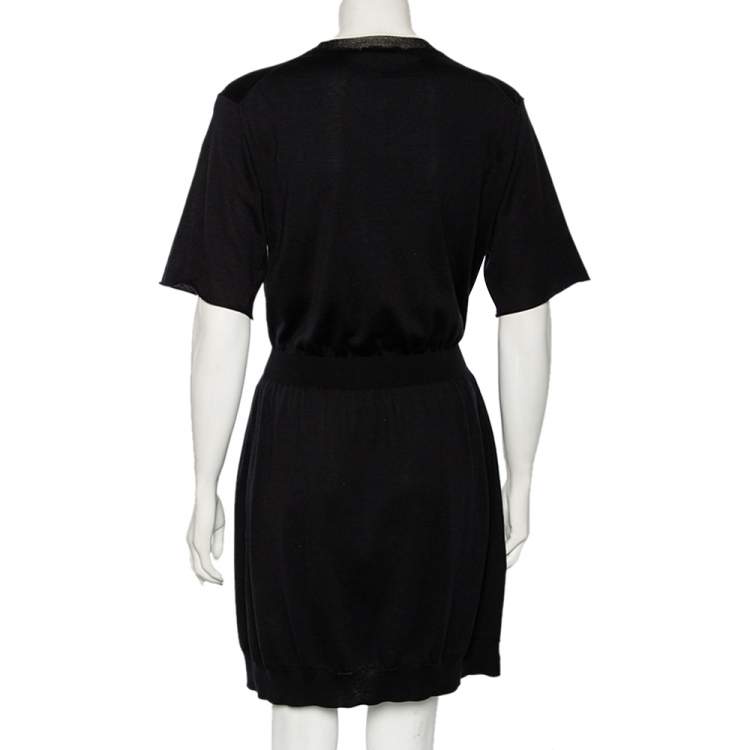 Pre Owned Louis Vuitton Black Silk Knit Lurex Trim Detail T-Shirt Dress M