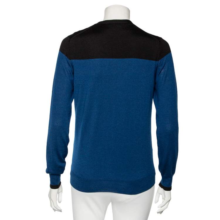 Pre Owned Louis Vuitton Blue-Black Paneled Silk Wool and Cashmere Top & Cardigan Set M