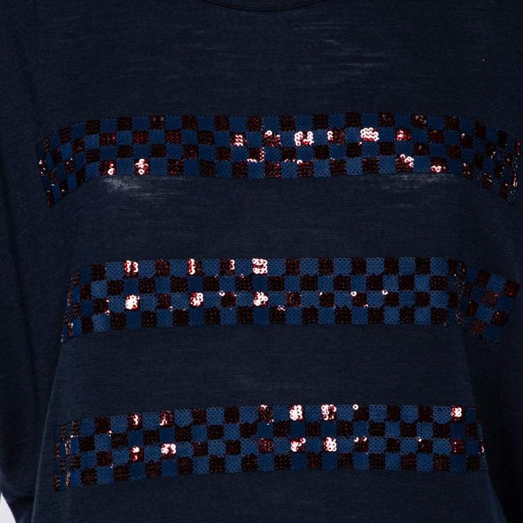مملوكة مسبقًا Louis Vuitton Navy Blue Wool Sequin Embellished Oversized Top S