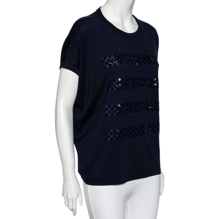 مملوكة مسبقًا Louis Vuitton Navy Blue Wool Sequin Embellished Oversized Top S