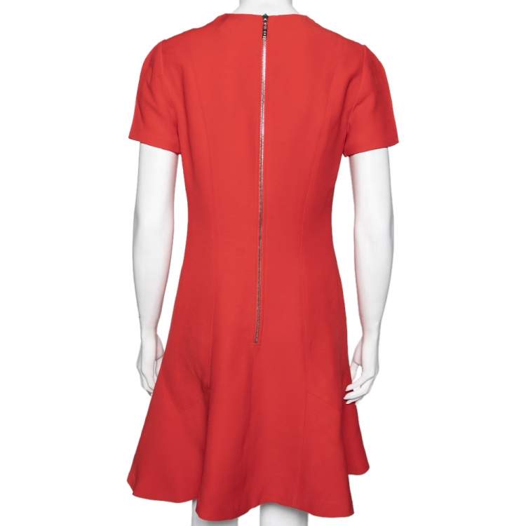 Pre Owned Louis Vuitton Red Wool Flared Hem Detailed Short Sleeve Dress M