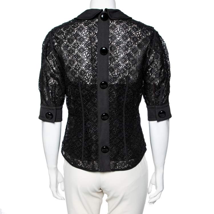Pre Owned Louis Vuitton Black Lace Button Back Detail Top M