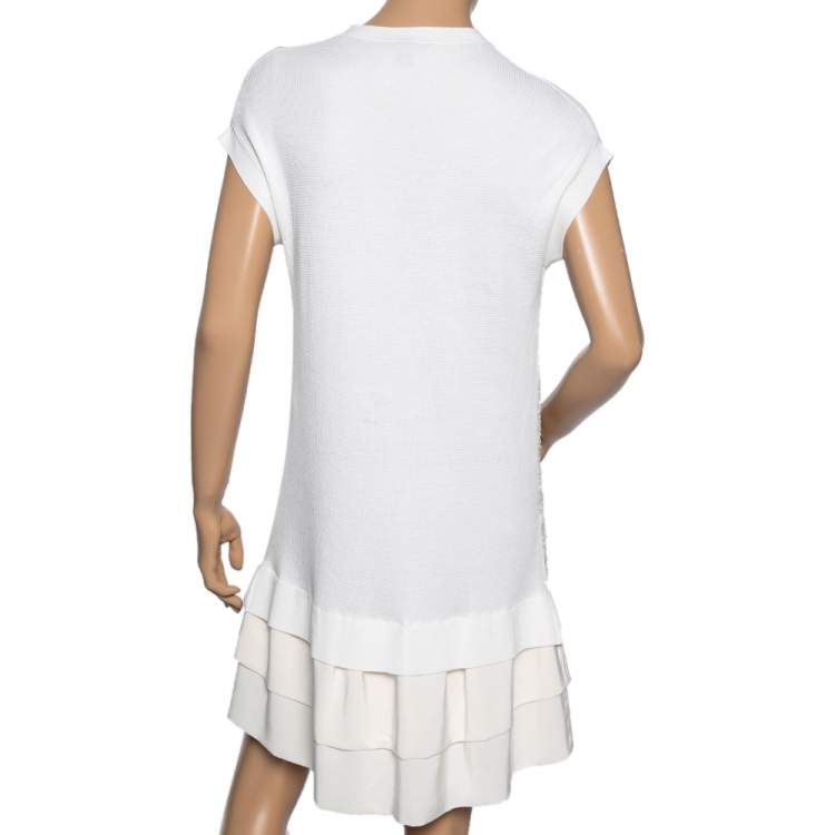 Pre Owned Louis Vuitton  Off White Sequin Embellished Knit Ruffle Hem Shift Dress M