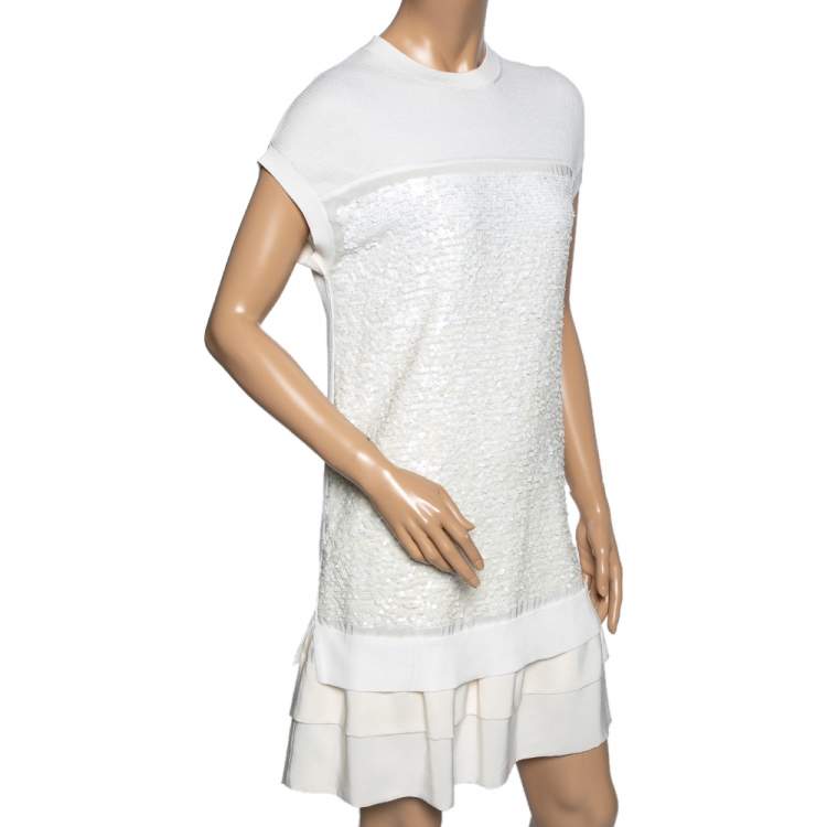 Pre Owned Louis Vuitton  Off White Sequin Embellished Knit Ruffle Hem Shift Dress M