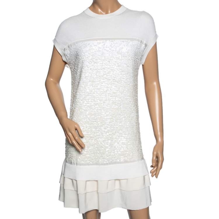 Pre Owned Louis Vuitton  Off White Sequin Embellished Knit Ruffle Hem Shift Dress M