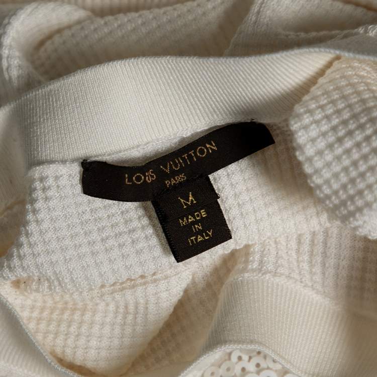 Pre Owned Louis Vuitton  Off White Sequin Embellished Knit Ruffle Hem Shift Dress M