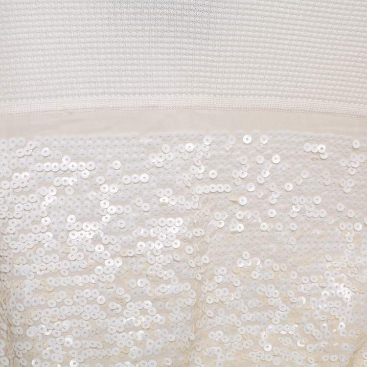 Pre Owned Louis Vuitton  Off White Sequin Embellished Knit Ruffle Hem Shift Dress M