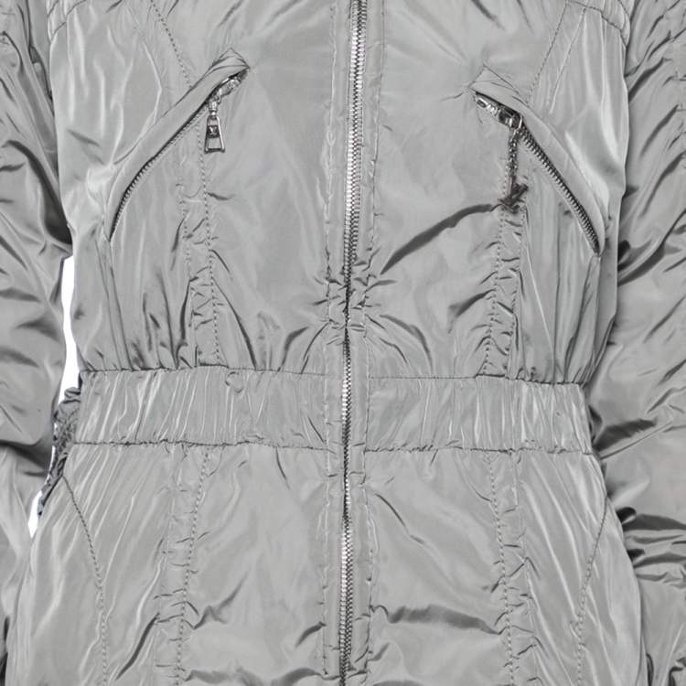 Pre Owned Louis Vuitton Light Grey Quilted Synthetic Belted Zip Front Jacket M