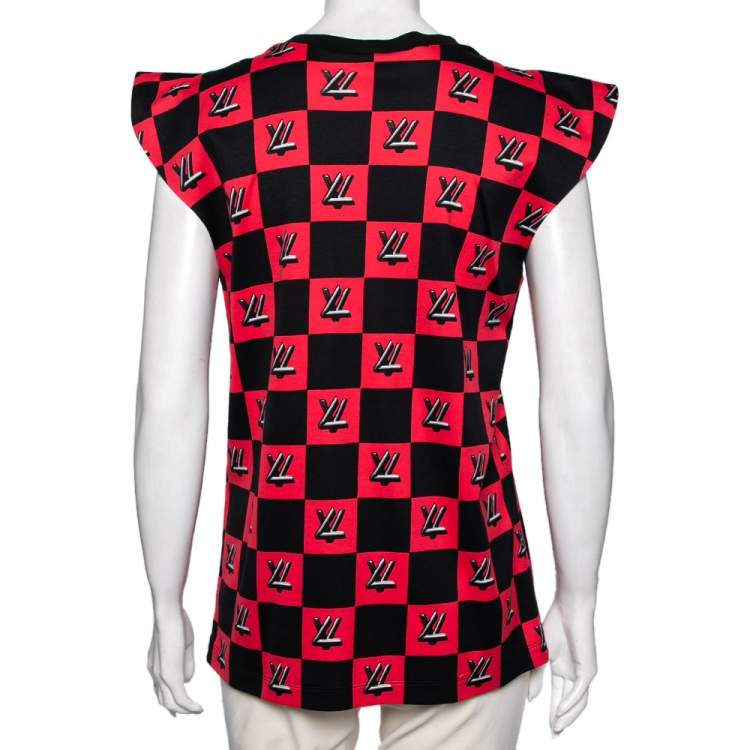 Pre Owned Louis Vuitton Black and Pink Logo Checkered Knit Sleeveless Top L