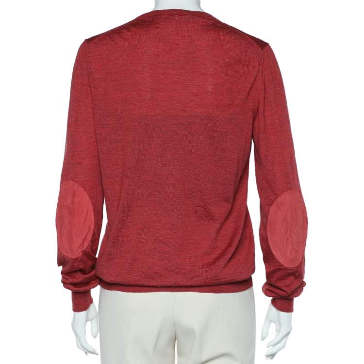 Pre Owned Louis Vuitton Brick Red Wool & Silk Leather Patch Detail Crewneck Sweater L