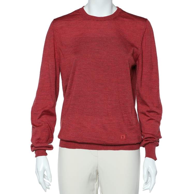 Pre Owned Louis Vuitton Brick Red Wool & Silk Leather Patch Detail Crewneck Sweater L