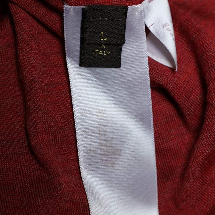Pre Owned Louis Vuitton Brick Red Wool & Silk Leather Patch Detail Crewneck Sweater L