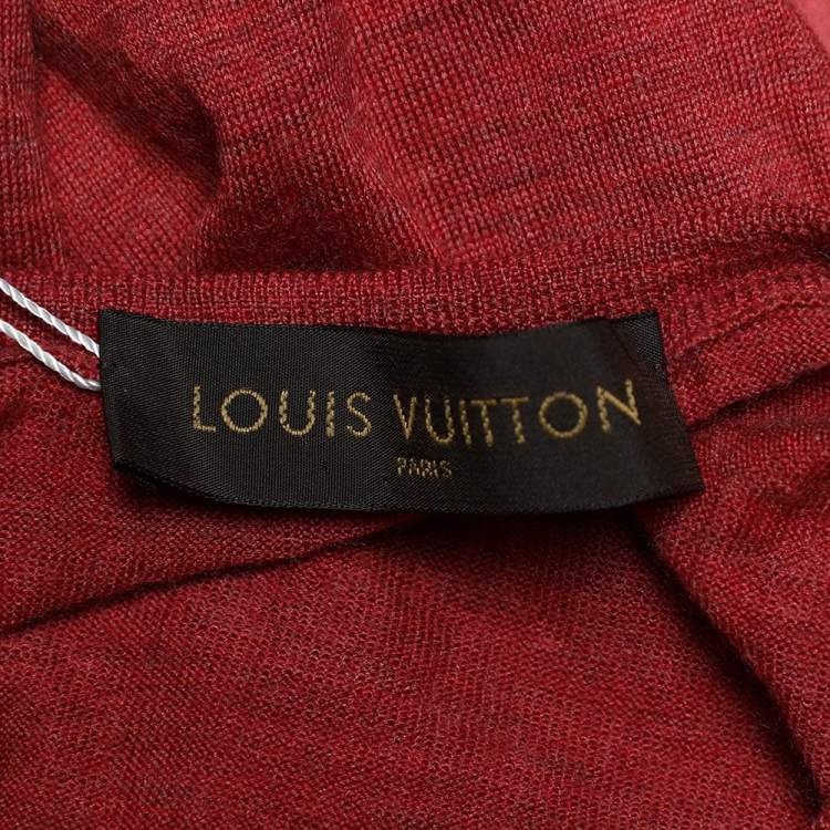 Pre Owned Louis Vuitton Brick Red Wool & Silk Leather Patch Detail Crewneck Sweater L