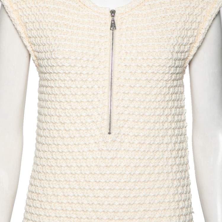 Pre Owned Louis Vuitton Cream Cotton Knit Front Zip Flared Hem Dress XL