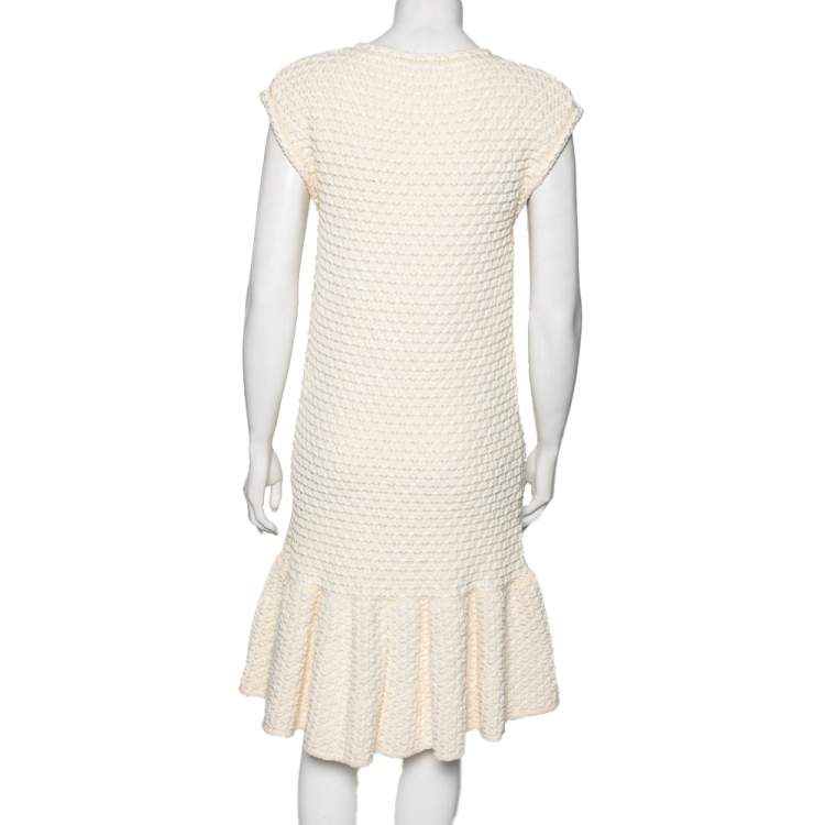 Pre Owned Louis Vuitton Cream Cotton Knit Front Zip Flared Hem Dress XL