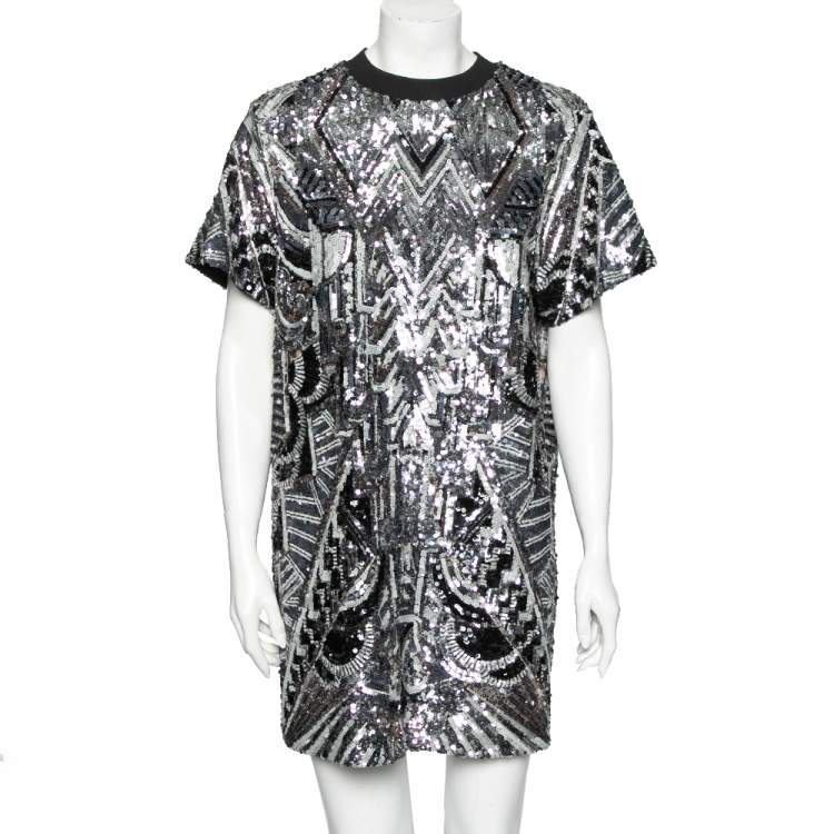 Pre Owned Louis Vuitton Monochrome Sequin Embellished T-Shirt Dress M