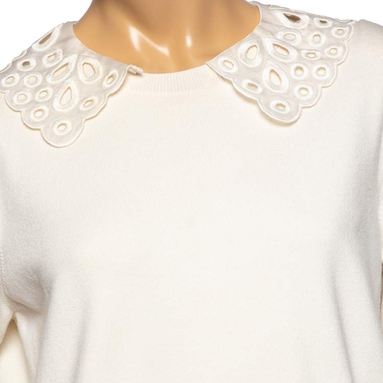 Pre Owned Louis Vuitton Cream Embroidered Collar Trim Short Sleeve Sweater M