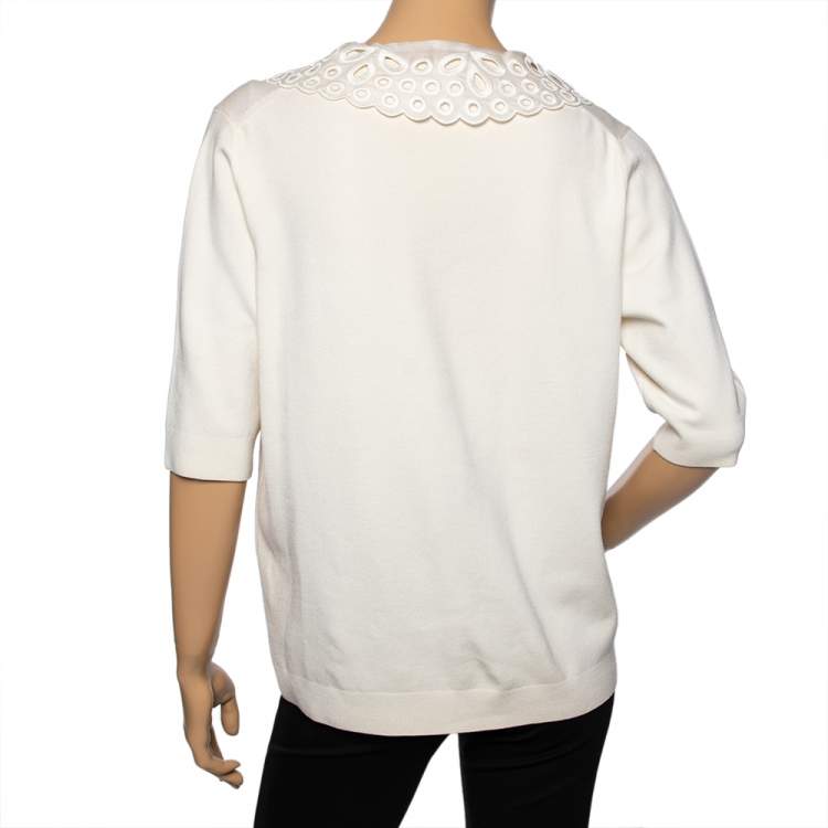 Pre Owned Louis Vuitton Cream Embroidered Collar Trim Short Sleeve Sweater M