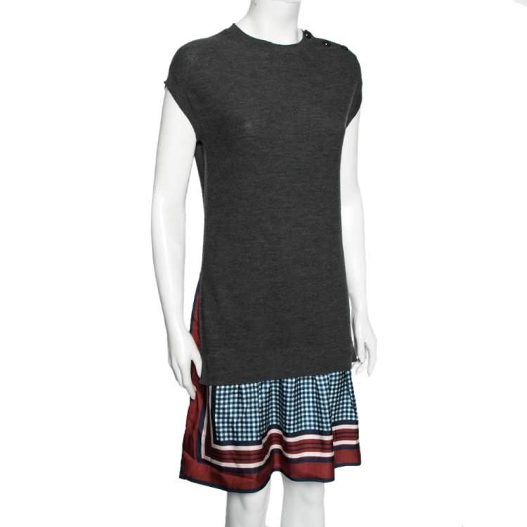 Pre Owned Louis Vuitton Grey Wool Pleated Hem Dress S