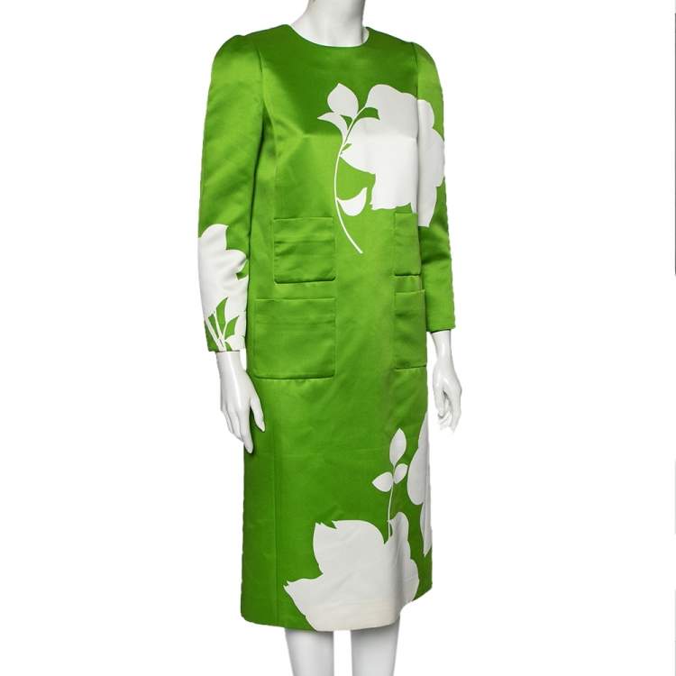 Pre Owned Louis Vuitton Green Printed Satin Midi Shift Dress M