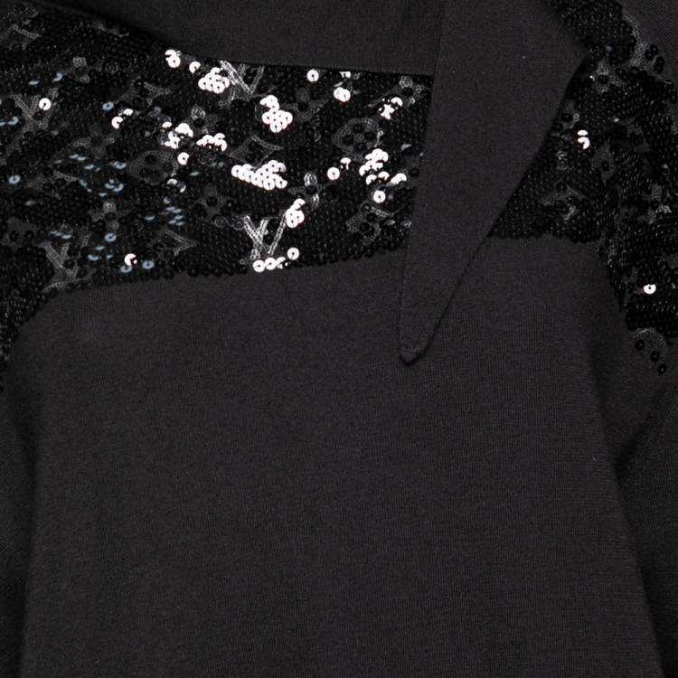 Pre Owned Louis Vuitton Black Wool & Sequin Embellished Monogram Detailed Dress M