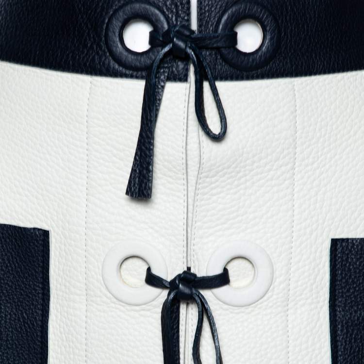 Pre Owned Louis Vuitton White & Navy Blue Leather Mini Skirt M