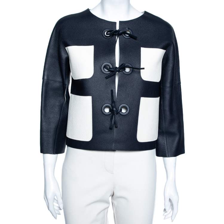 Pre Owned Louis Vuitton Navy Blue & White Leather Tie Front Jacket M
