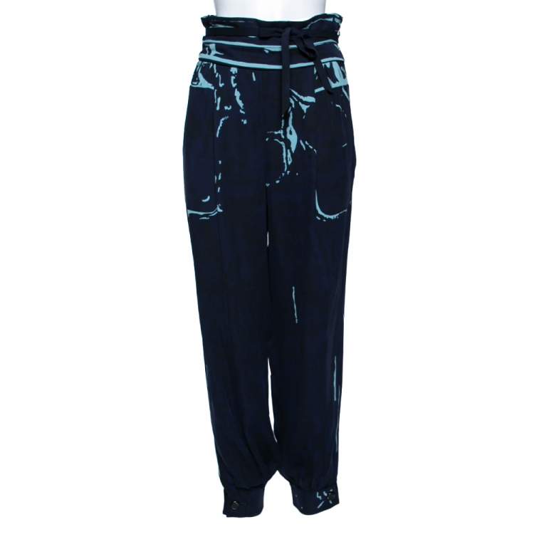 Pre Owned Louis Vuitton Navy Blue Printed Silk Jogger Pants M