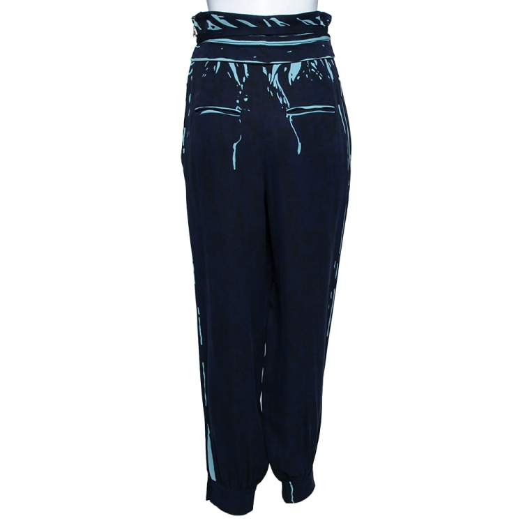 Pre Owned Louis Vuitton Navy Blue Printed Silk Jogger Pants M