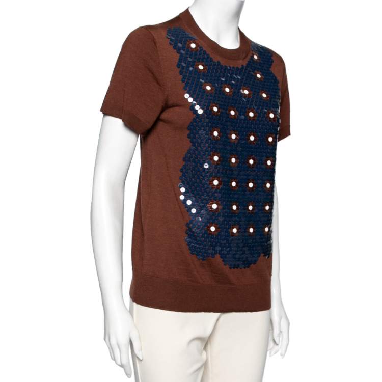 مملوكة مسبقًا Louis Vuitton Brown Wool Floral Sequin Embellished Top S