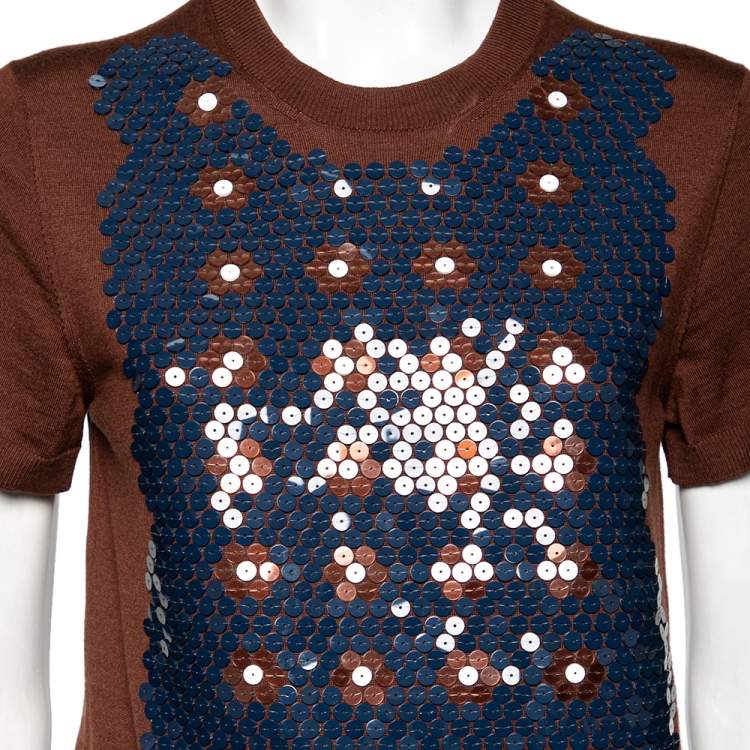 مملوكة مسبقًا Louis Vuitton Brown Wool Floral Sequin Embellished Top S