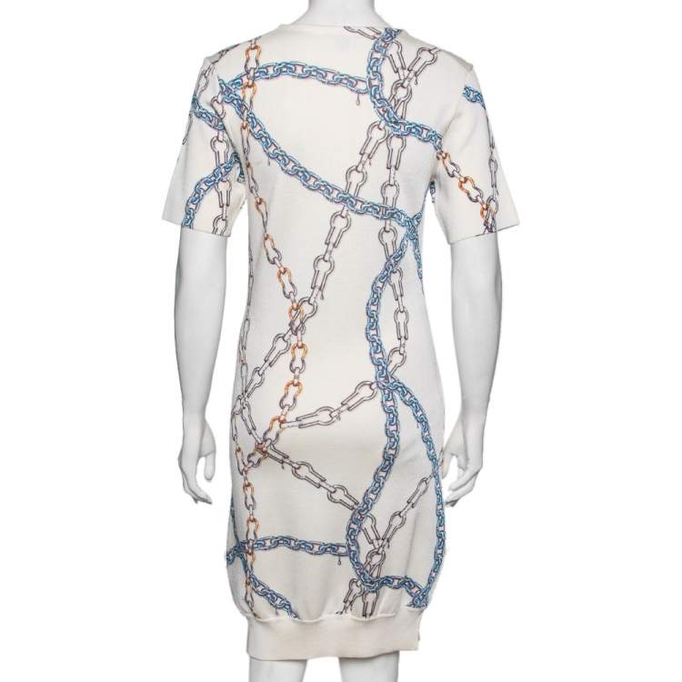 Pre Owned Louis Vuitton White Chain Printed Wool Short Sleeve Dress S