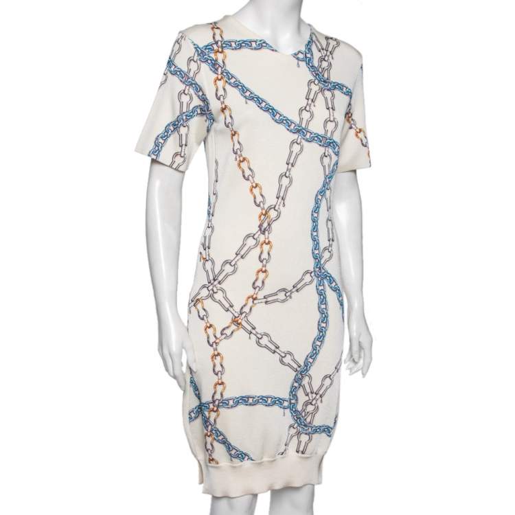 Louis Vuitton White Chain Printed Wool Short Sleeve Dress S Louis