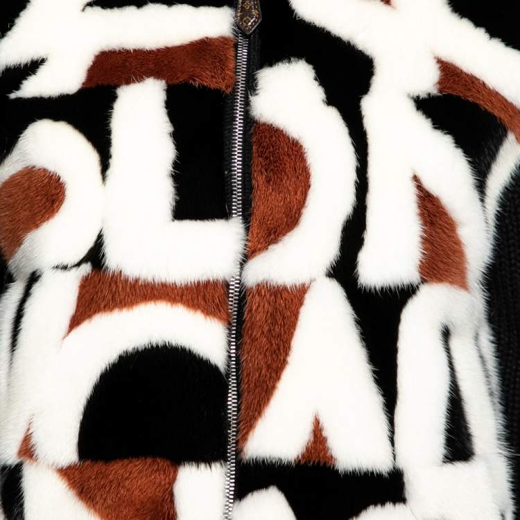 Pre Owned Louis Vuitton Black & Intarsia Fur Knitted Zip Front Cardigan S