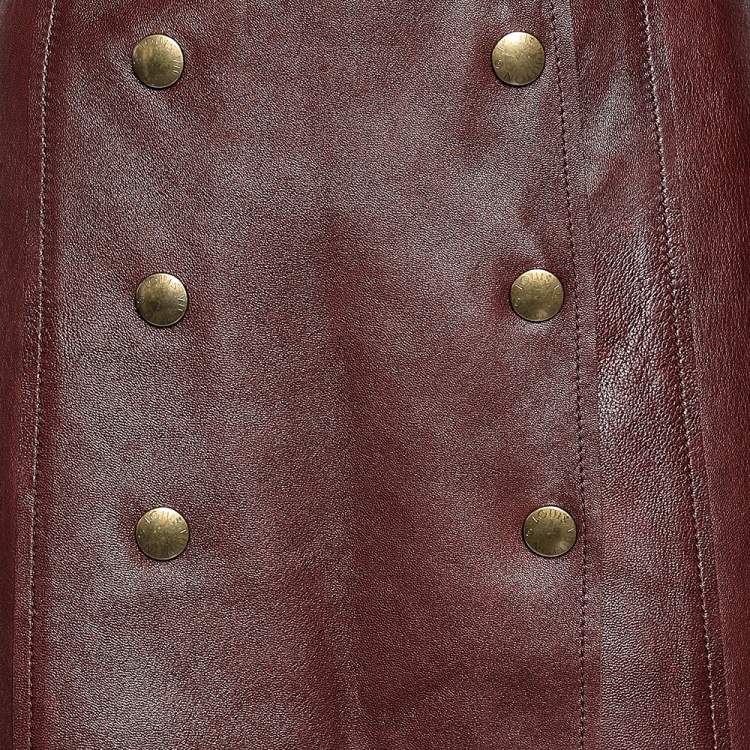 Pre Owned Louis Vuitton Burgundy Leather Button Front Faux Wrap Skirt L