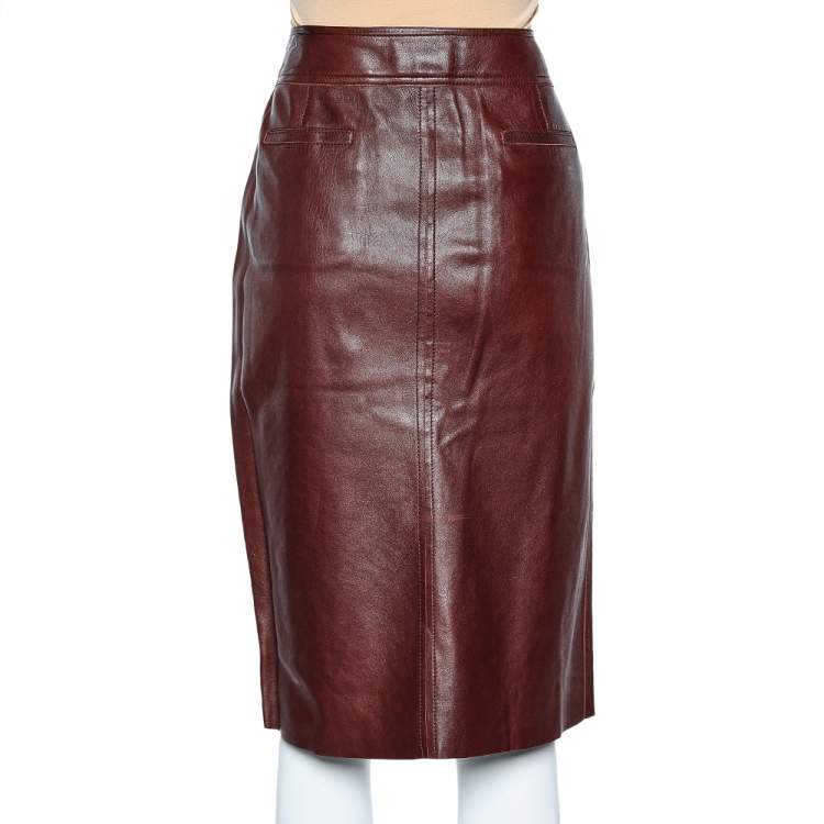 Pre Owned Louis Vuitton Burgundy Leather Button Front Faux Wrap Skirt L