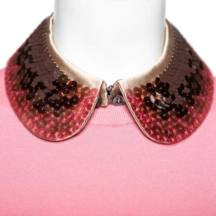 Pre Owned Louis Vuitton Pink Wool Embellished Collar Detailed Top S