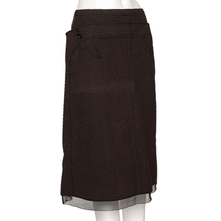 Pre Owned Louis Vuitton Brown Textured Wool Midi Skirt M