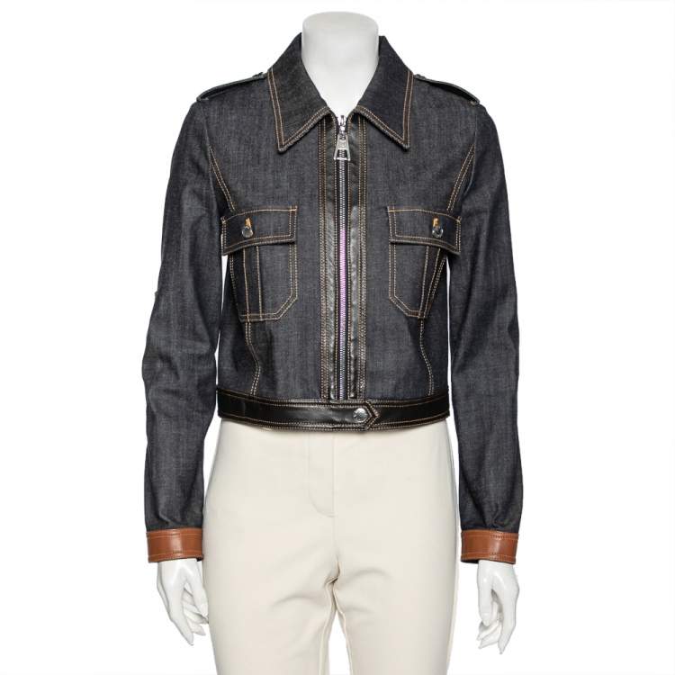 Pre Owned Louis Vuitton Blue Denim Leather Trimmed Zip Front Jacket M