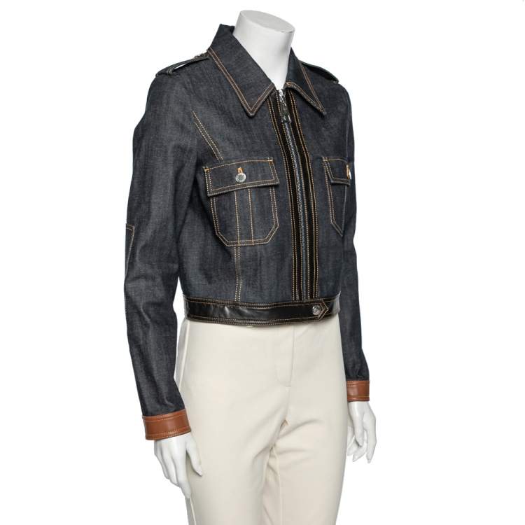 Pre Owned Louis Vuitton Blue Denim Leather Trimmed Zip Front Jacket M