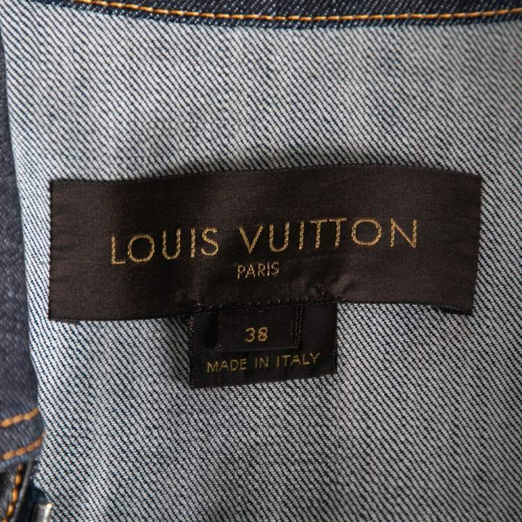 Pre Owned Louis Vuitton Blue Denim Leather Trimmed Zip Front Jacket M