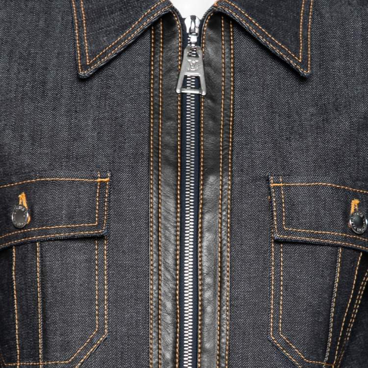 Pre Owned Louis Vuitton Blue Denim Leather Trimmed Zip Front Jacket M