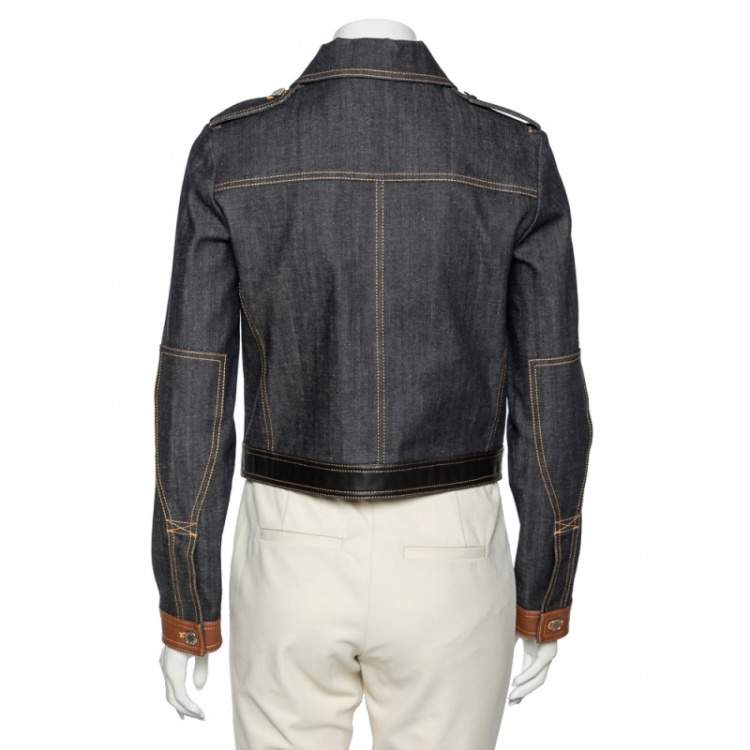 Pre Owned Louis Vuitton Blue Denim Leather Trimmed Zip Front Jacket M