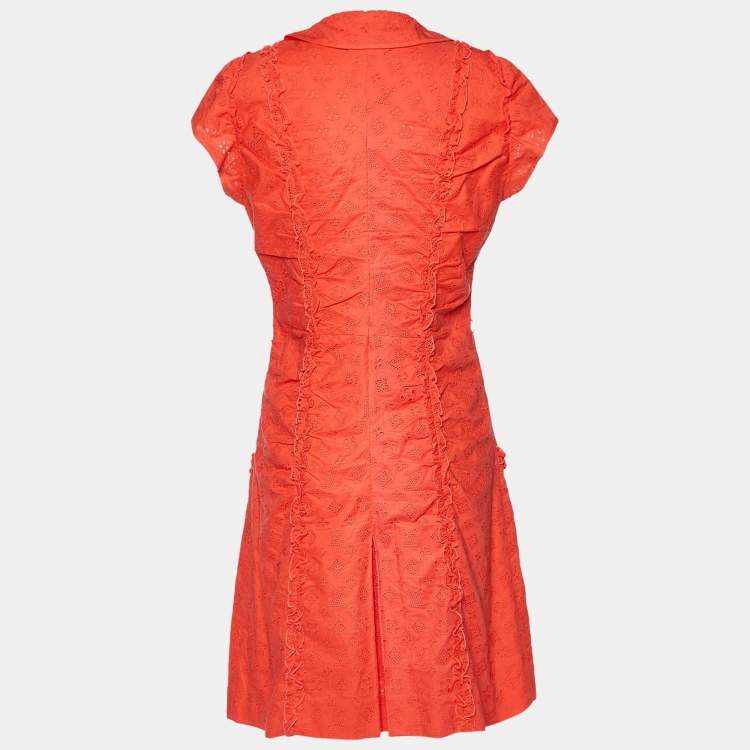 Pre Owned Louis Vuitton Orange Cotton Eyelet Flared Dress M